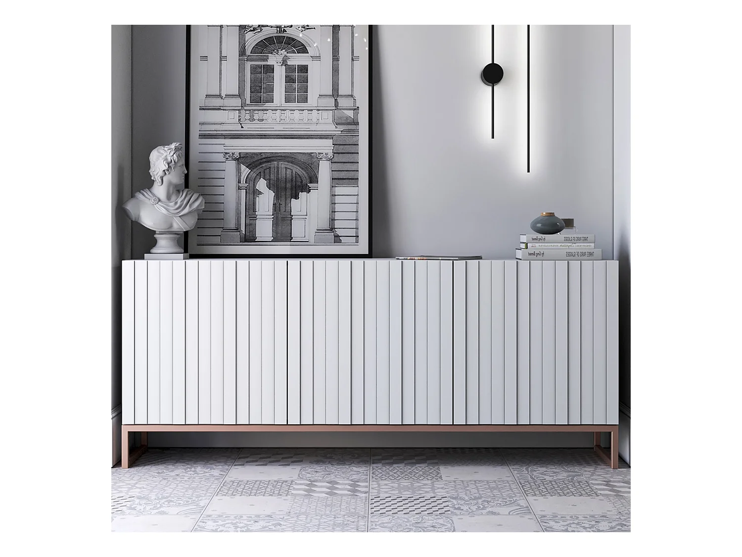Commode avec 3 portes - Corps Blanc mat, façades rainurées Blanc mat - 168 cm, cadre en métal