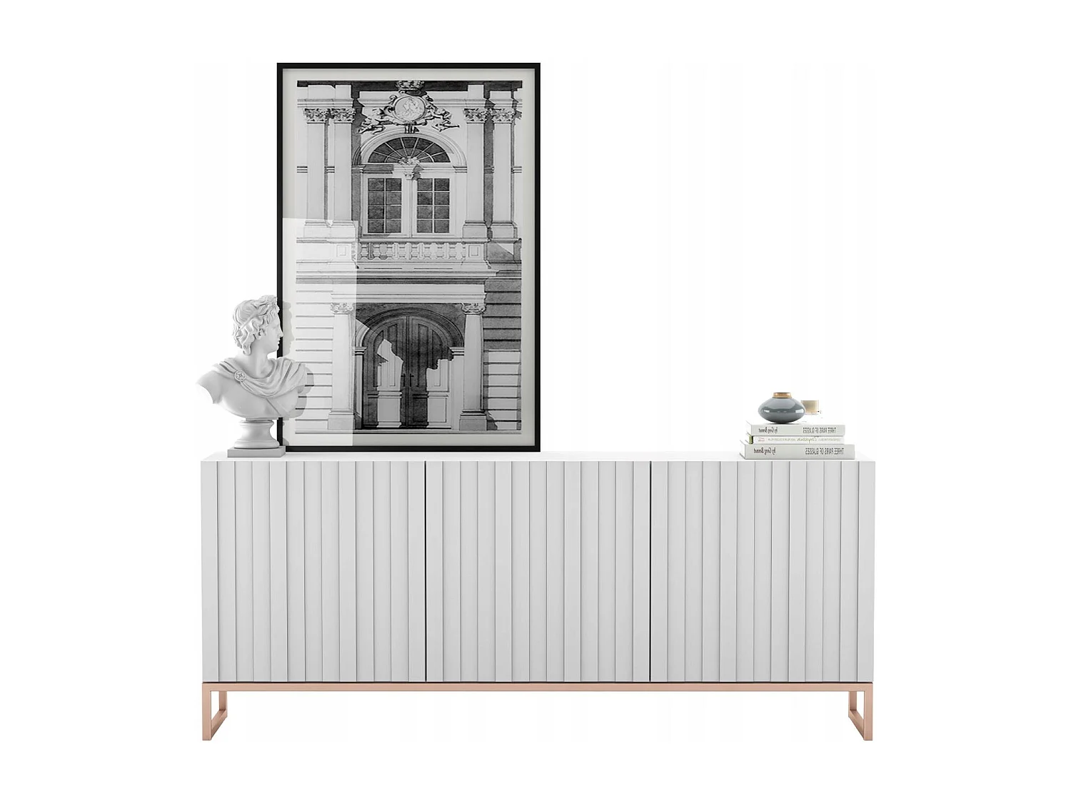 Commode avec 3 portes - Corps Blanc mat, façades rainurées Blanc mat - 168 cm, cadre en métal