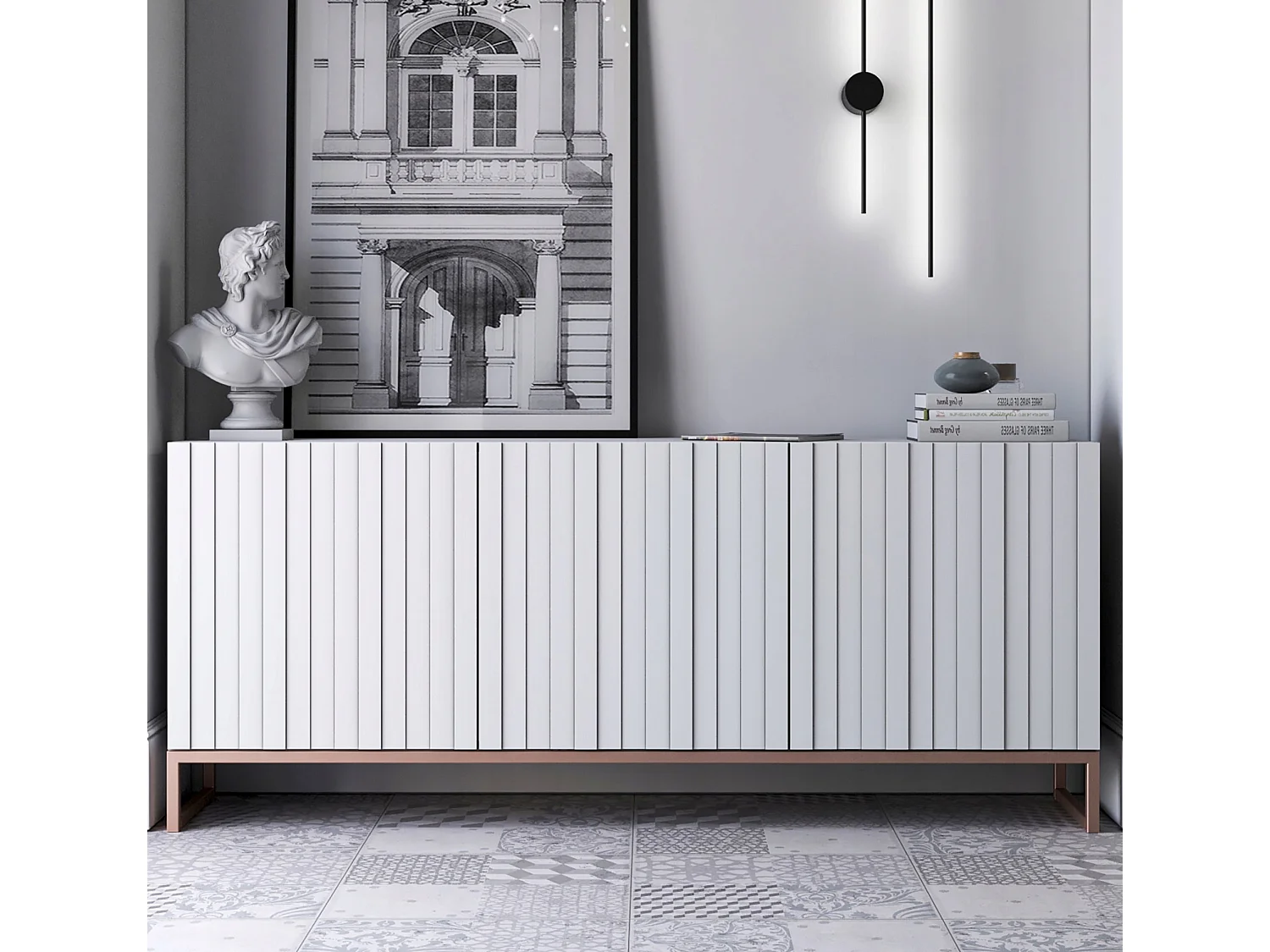 Commode avec 3 portes - Corps Blanc mat, façades rainurées Blanc mat - 168 cm, cadre en métal