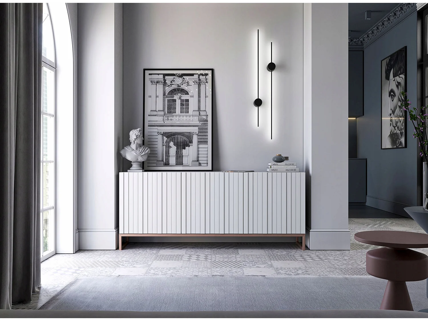 Commode avec 3 portes - Corps Blanc mat, façades rainurées Blanc mat - 168 cm, cadre en métal