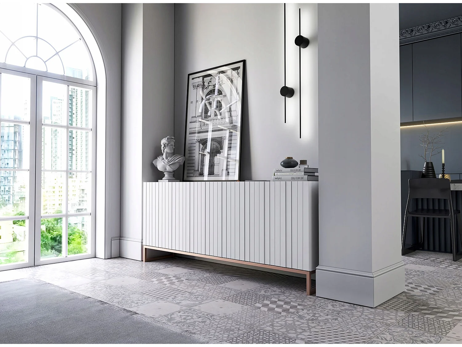 Commode avec 3 portes - Corps Blanc mat, façades rainurées Blanc mat - 168 cm, cadre en métal