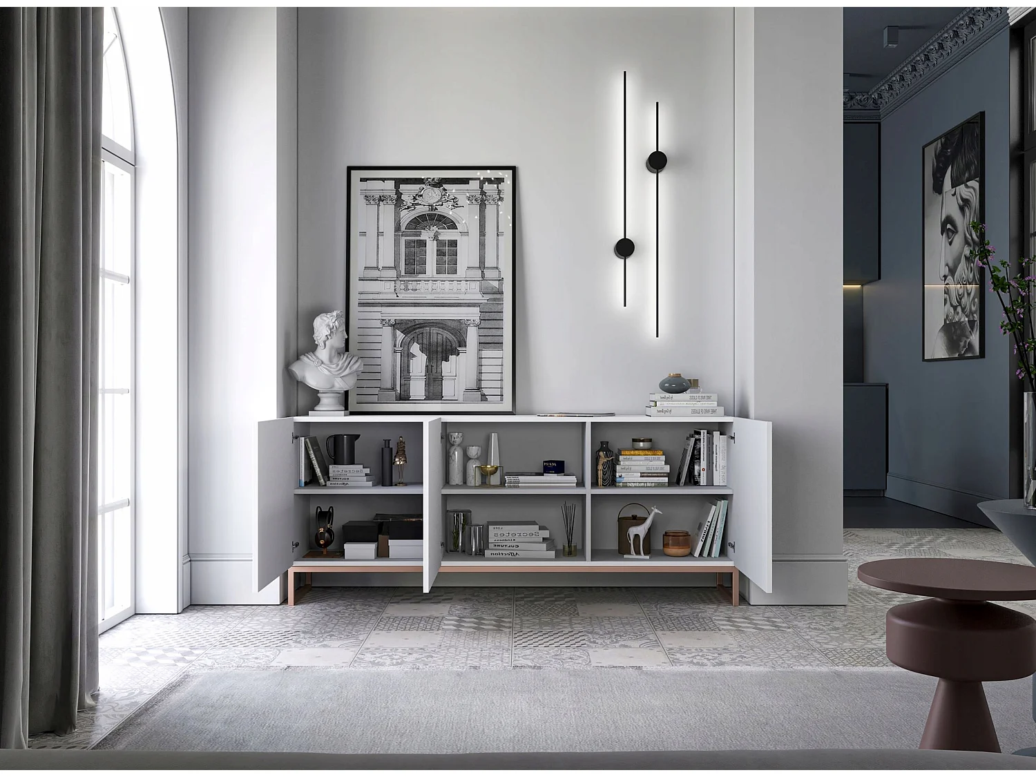 Commode avec 3 portes - Corps Blanc mat, façades rainurées Blanc mat - 168 cm, cadre en métal