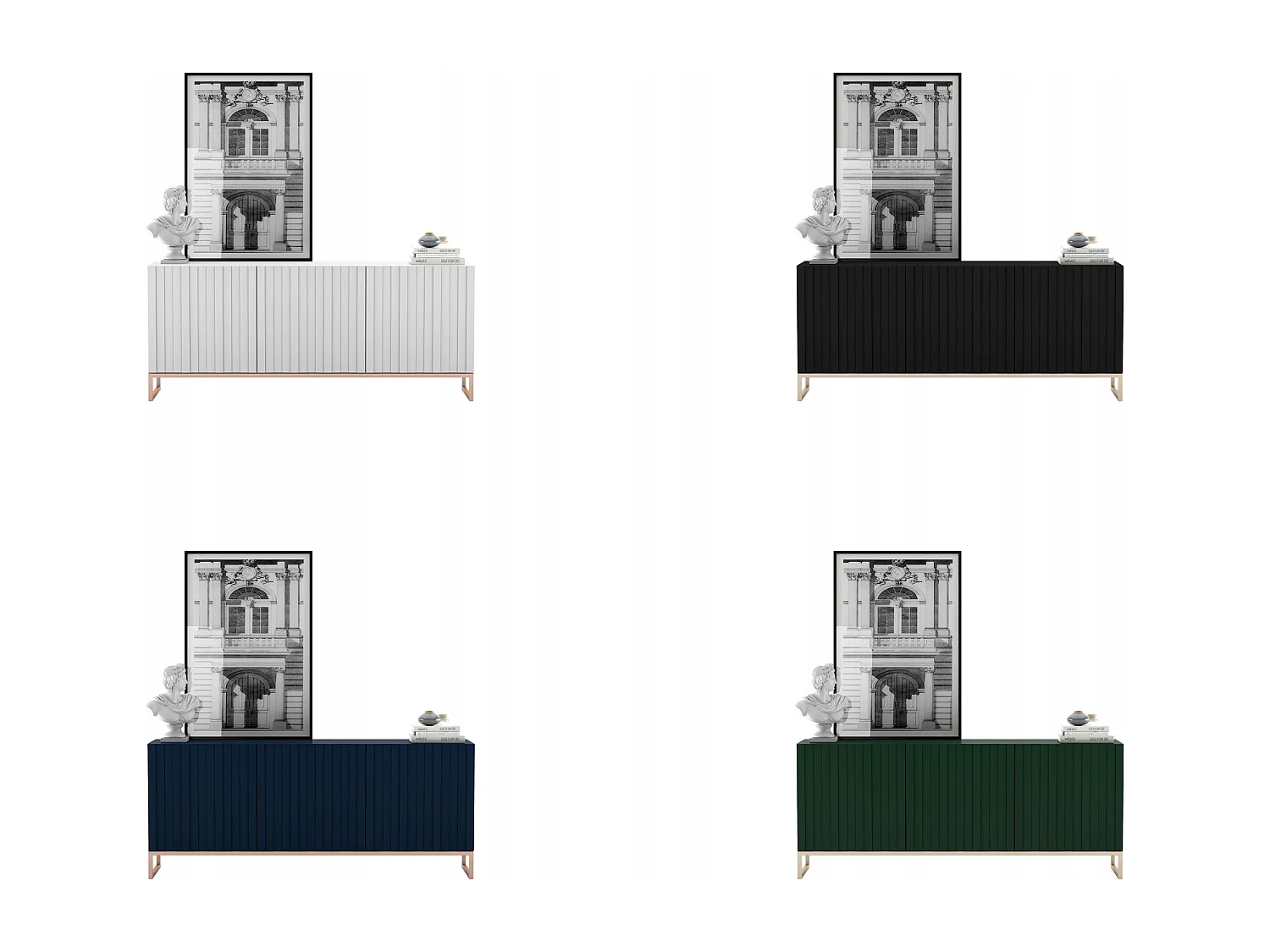 Commode avec 3 portes - Corps Blanc mat, façades rainurées Blanc mat - 168 cm, cadre en métal