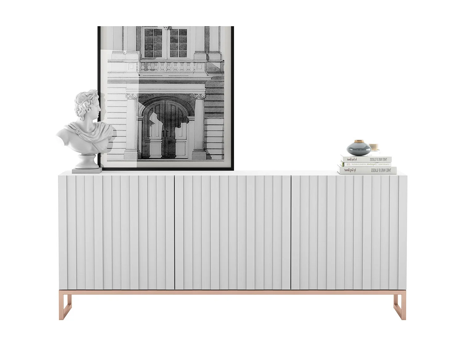 Commode avec 3 portes - Corps Blanc mat, façades rainurées Blanc mat - 168 cm, cadre en métal