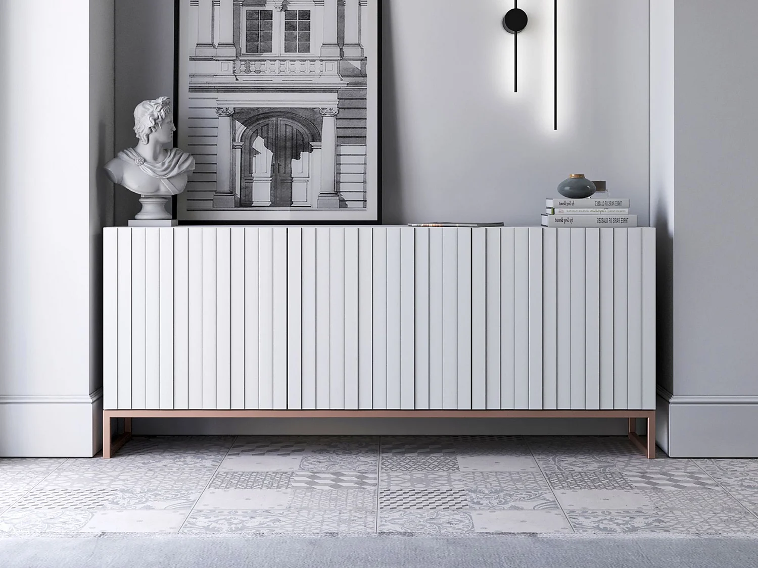 Commode avec 3 portes - Corps Blanc mat, façades rainurées Blanc mat - 168 cm, cadre en métal
