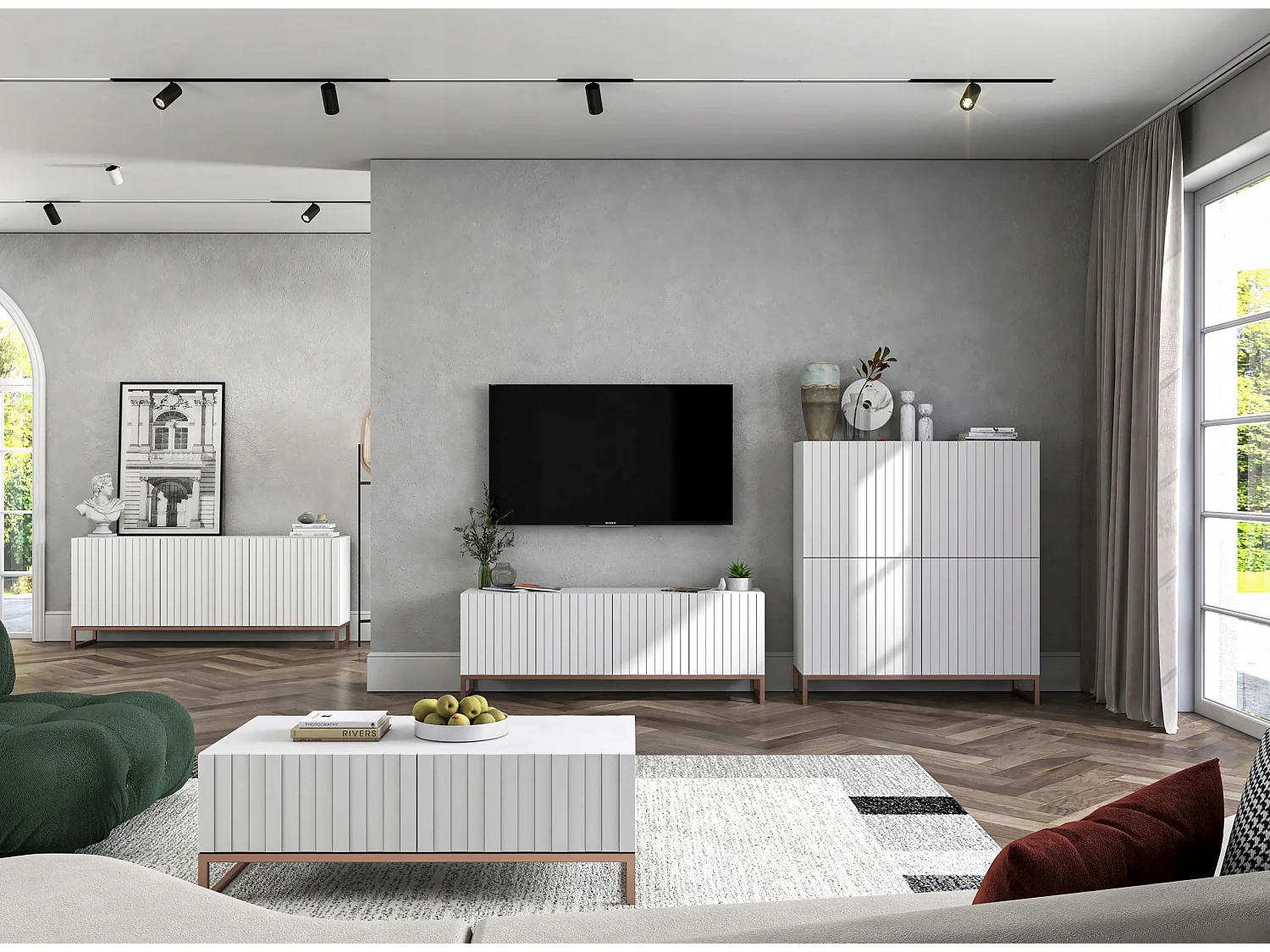 Commode avec 3 portes - Corps Blanc mat, façades rainurées Blanc mat - 168 cm, cadre en métal