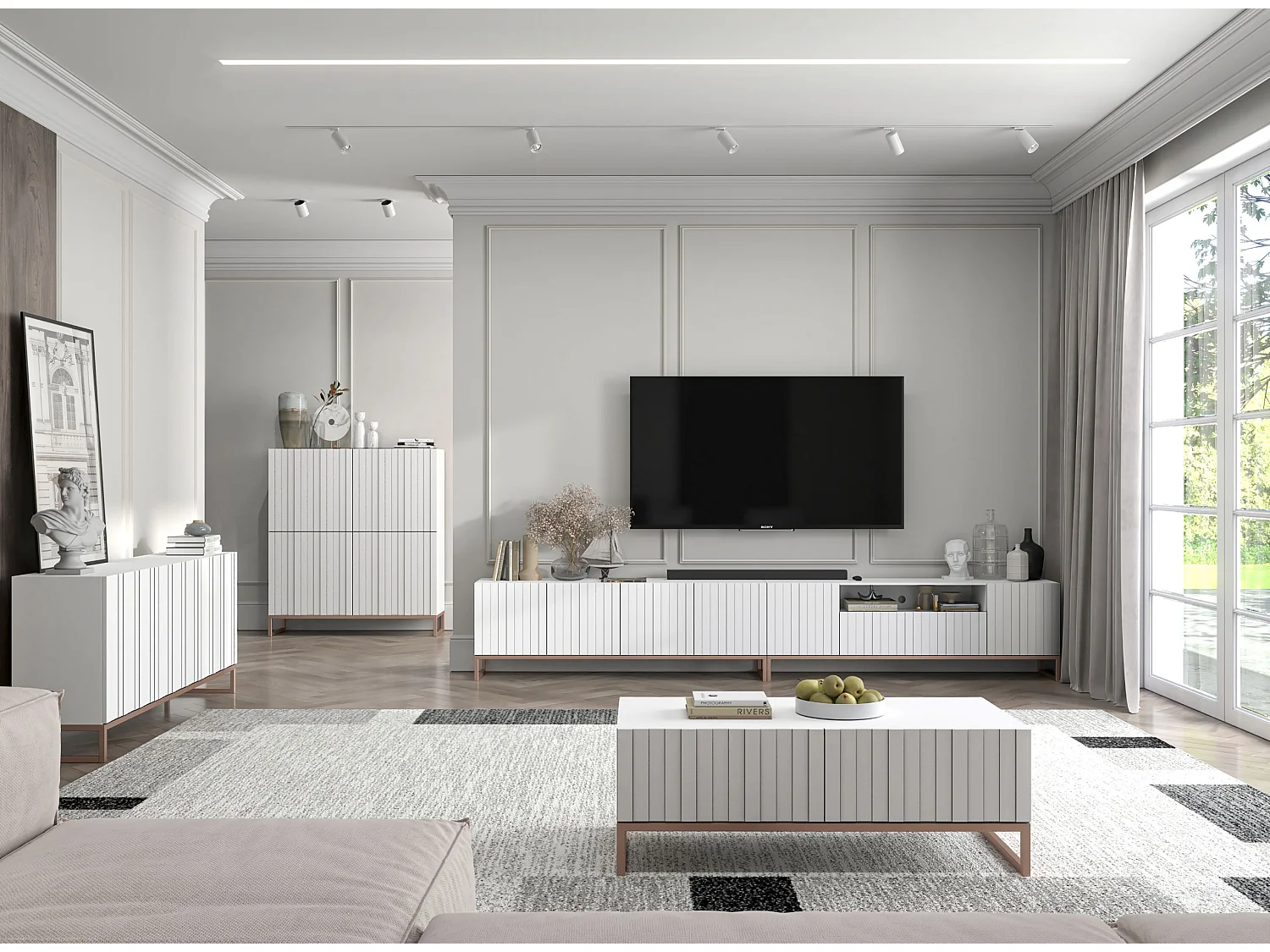 Commode avec 3 portes - Corps Blanc mat, façades rainurées Blanc mat - 168 cm, cadre en métal