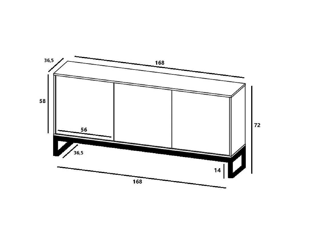 Credenza con 3 ante - corpo Bianco opaco, frontali scanalati Bianco opaco - 168 cm, struttura in metallo