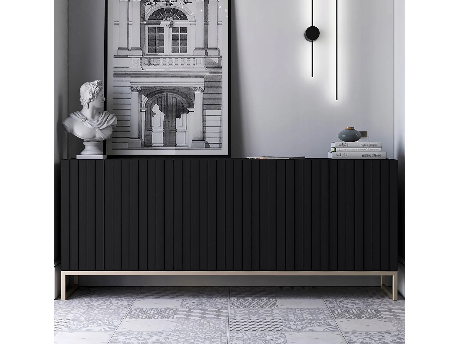 Commode avec 3 portes - Corps Noir mat, façades rainurées Noir mat - 168 cm, cadre en métal