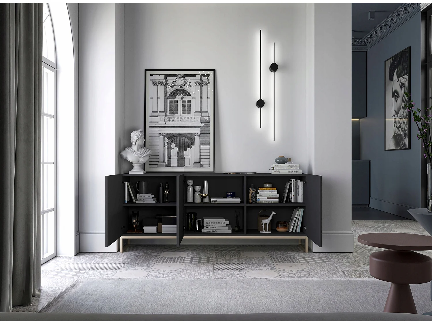 Commode avec 3 portes - Corps Noir mat, façades rainurées Noir mat - 168 cm, cadre en métal