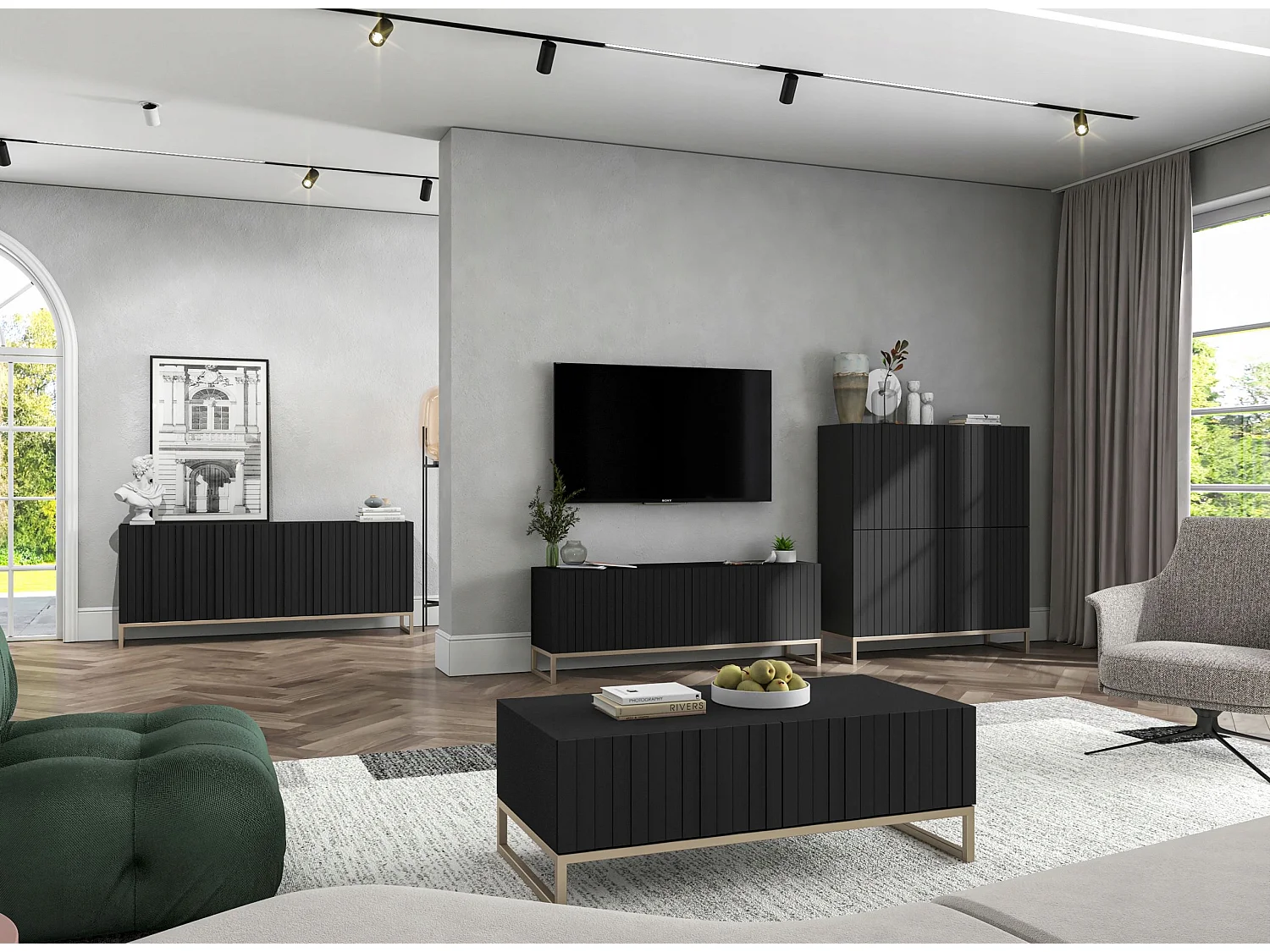 Commode avec 3 portes - Corps Noir mat, façades rainurées Noir mat - 168 cm, cadre en métal