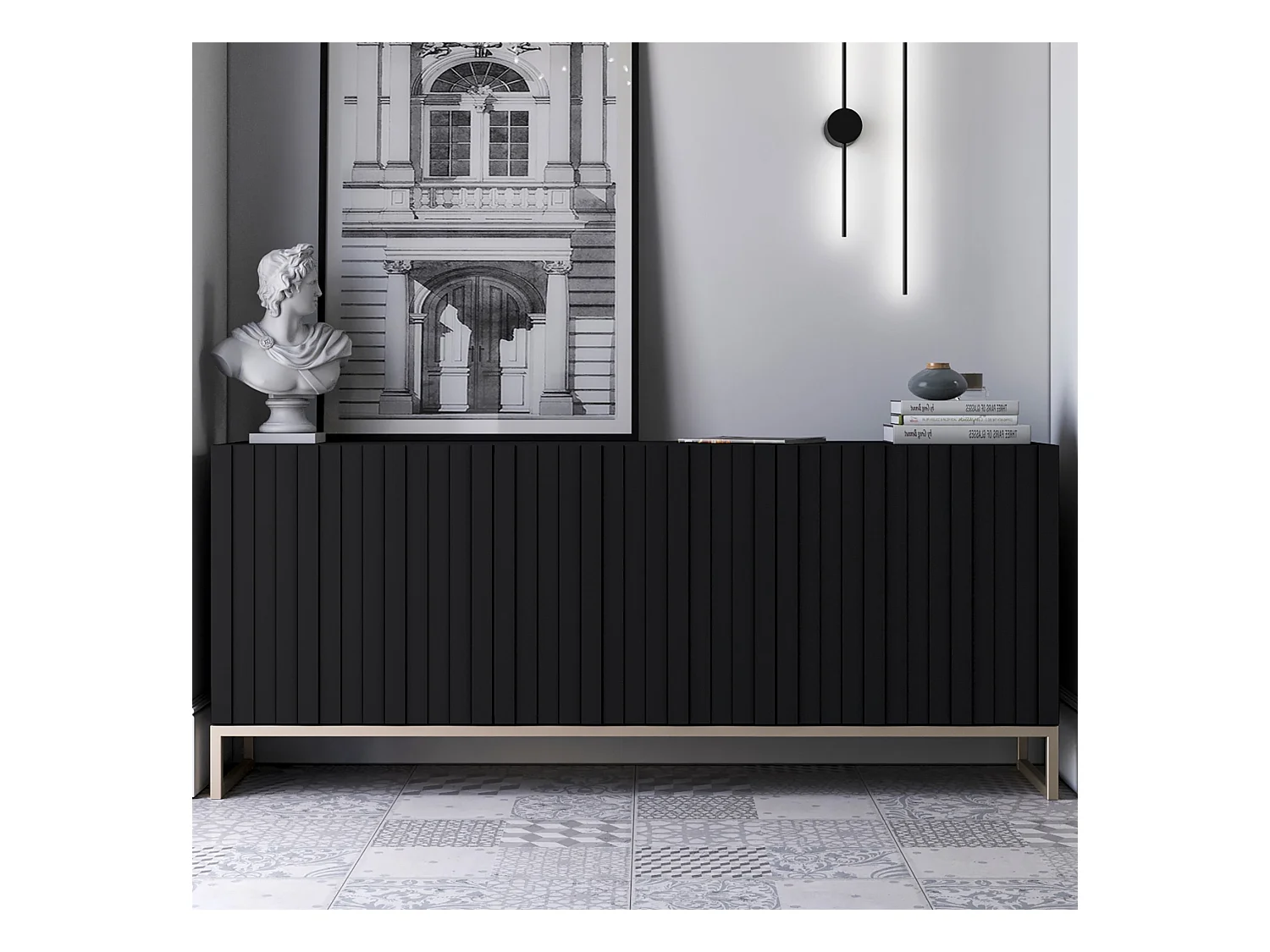 Commode avec 3 portes - Corps Noir mat, façades rainurées Noir mat - 168 cm, cadre en métal