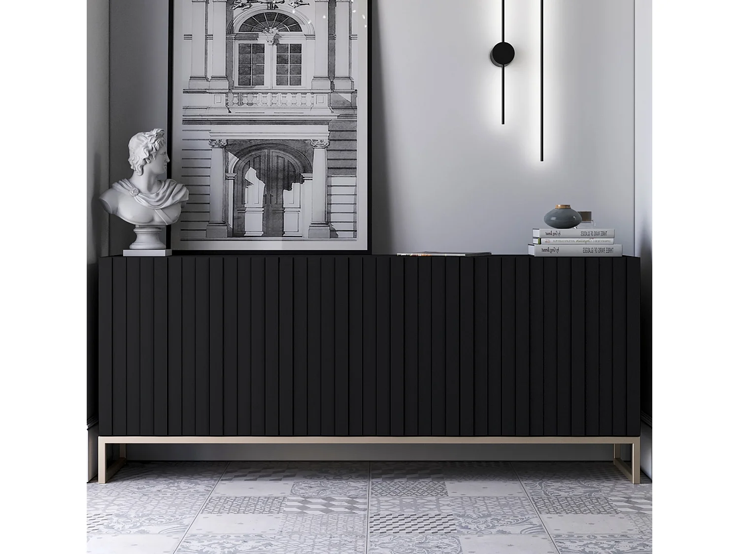 Commode avec 3 portes - Corps Noir mat, façades rainurées Noir mat - 168 cm, cadre en métal
