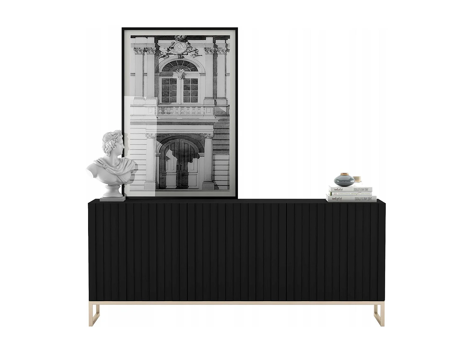 Commode avec 3 portes - Corps Noir mat, façades rainurées Noir mat - 168 cm, cadre en métal