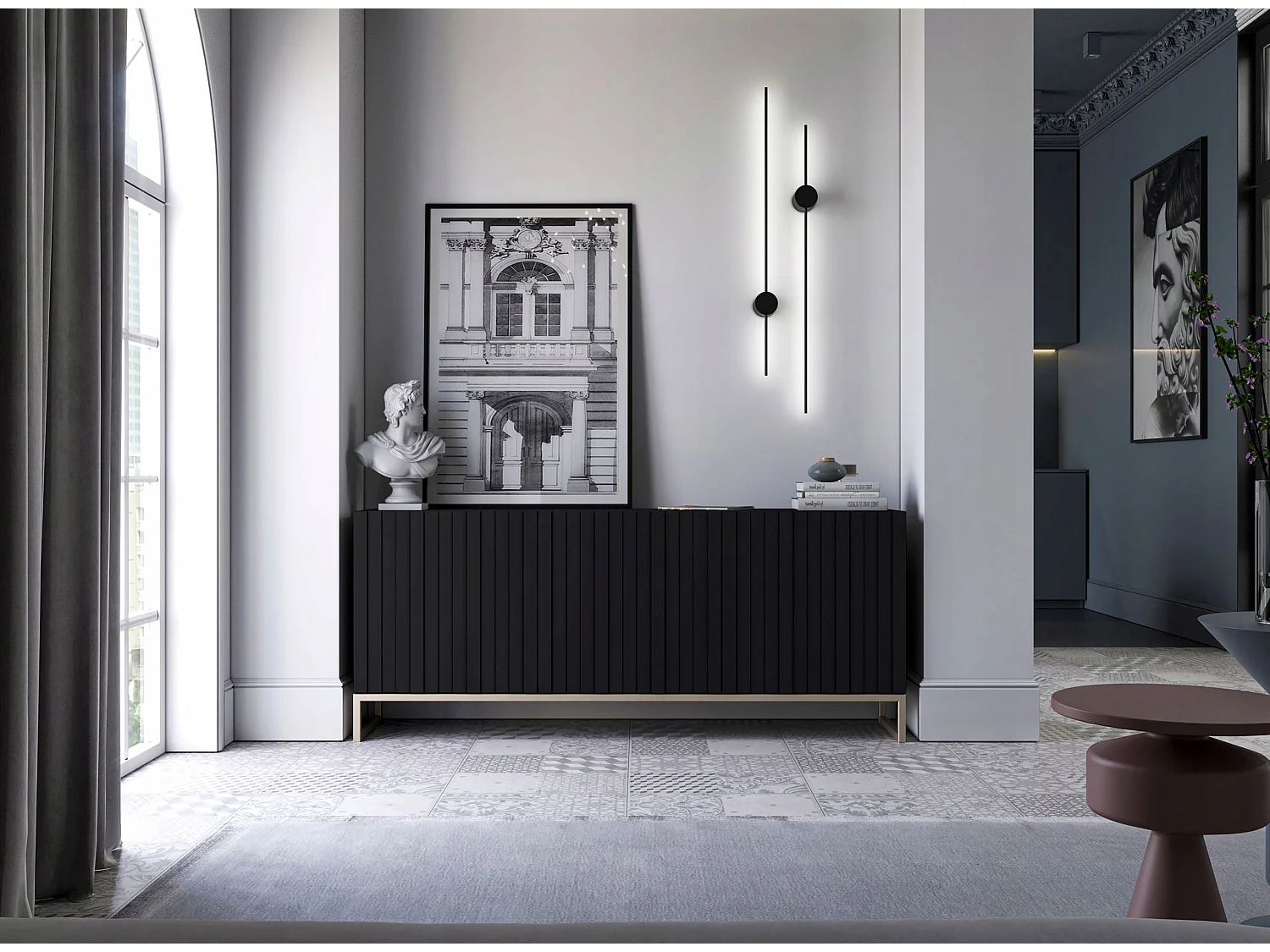 Commode avec 3 portes - Corps Noir mat, façades rainurées Noir mat - 168 cm, cadre en métal