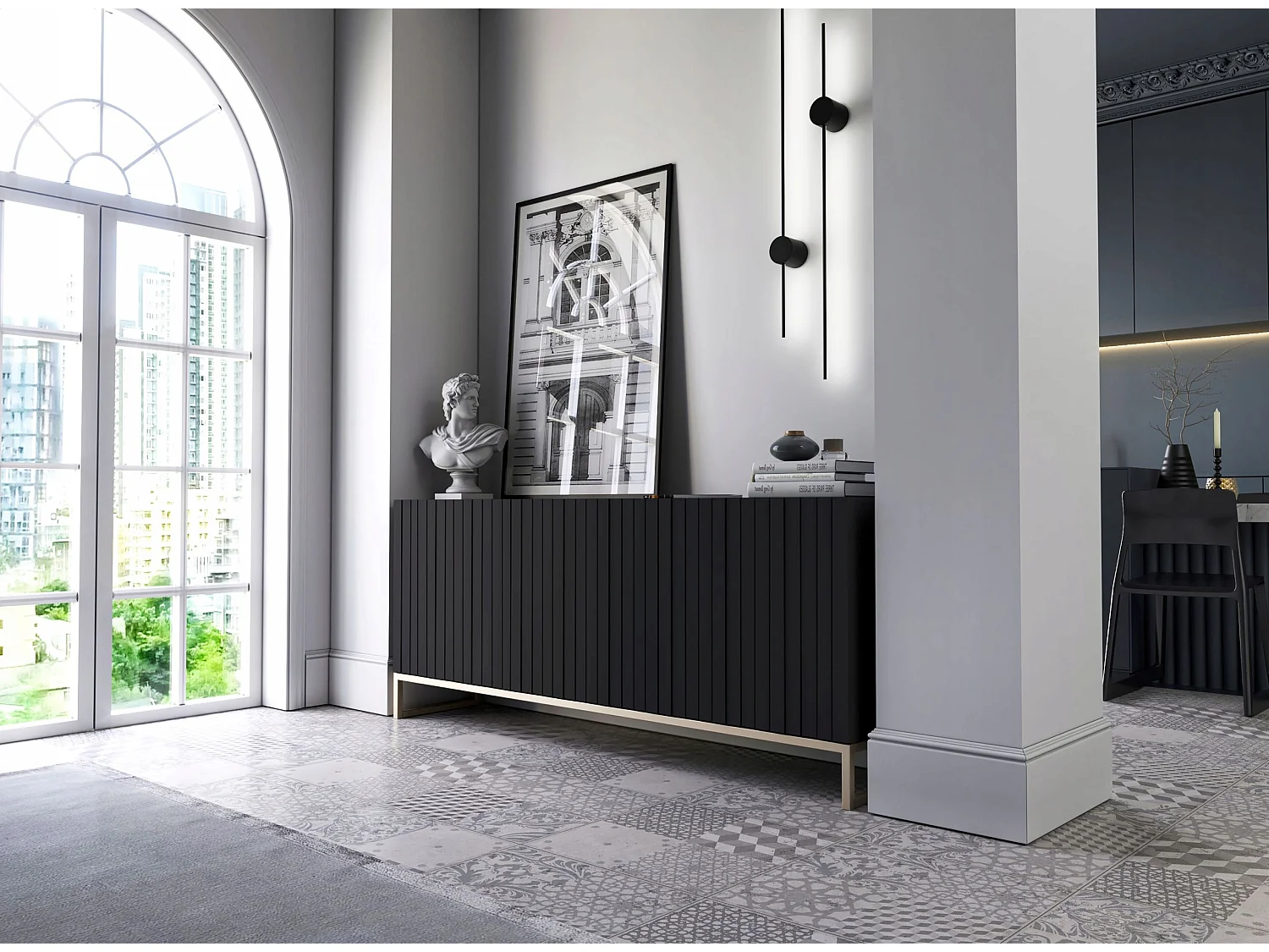 Commode avec 3 portes - Corps Noir mat, façades rainurées Noir mat - 168 cm, cadre en métal