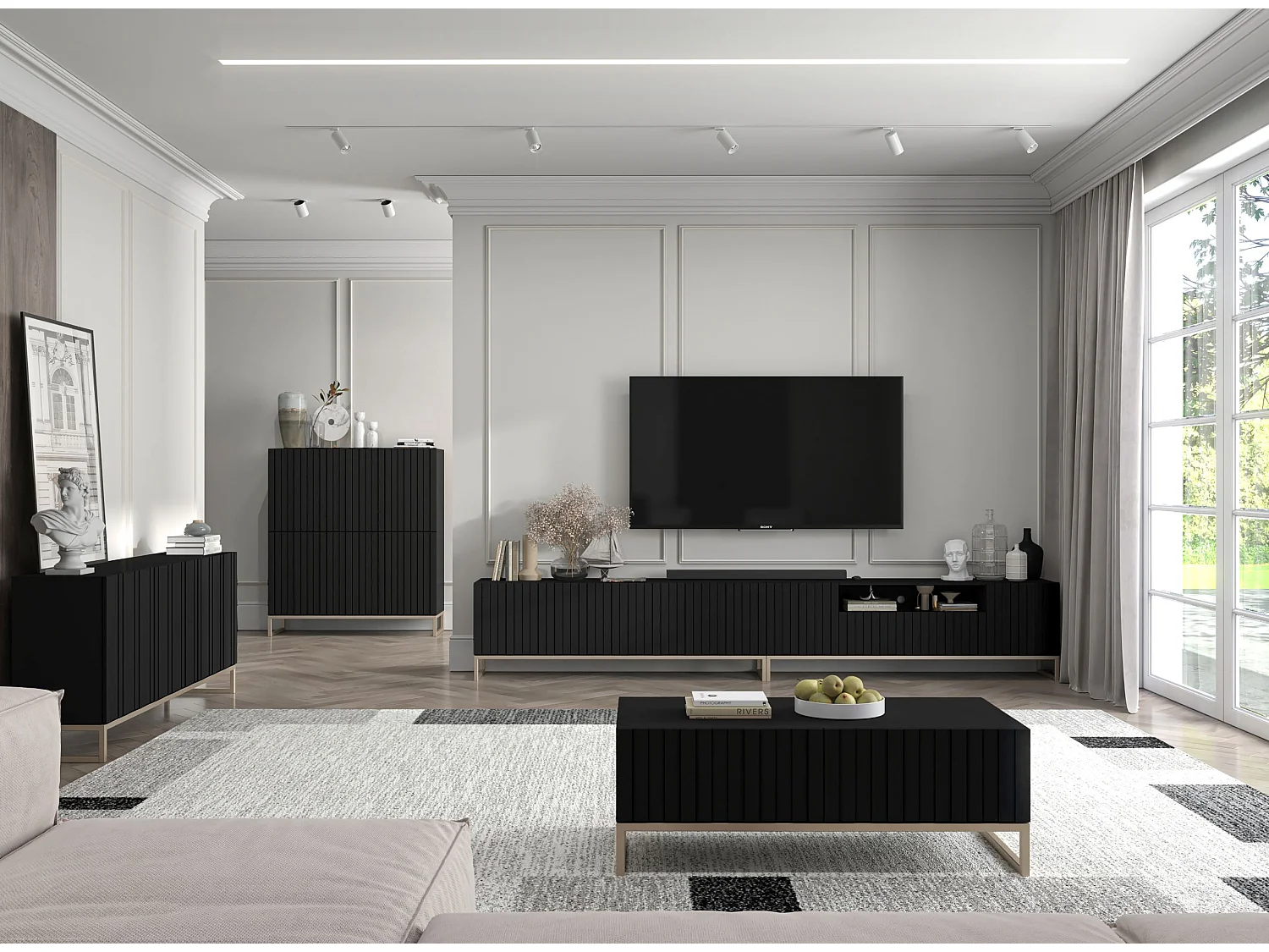 Commode avec 3 portes - Corps Noir mat, façades rainurées Noir mat - 168 cm, cadre en métal