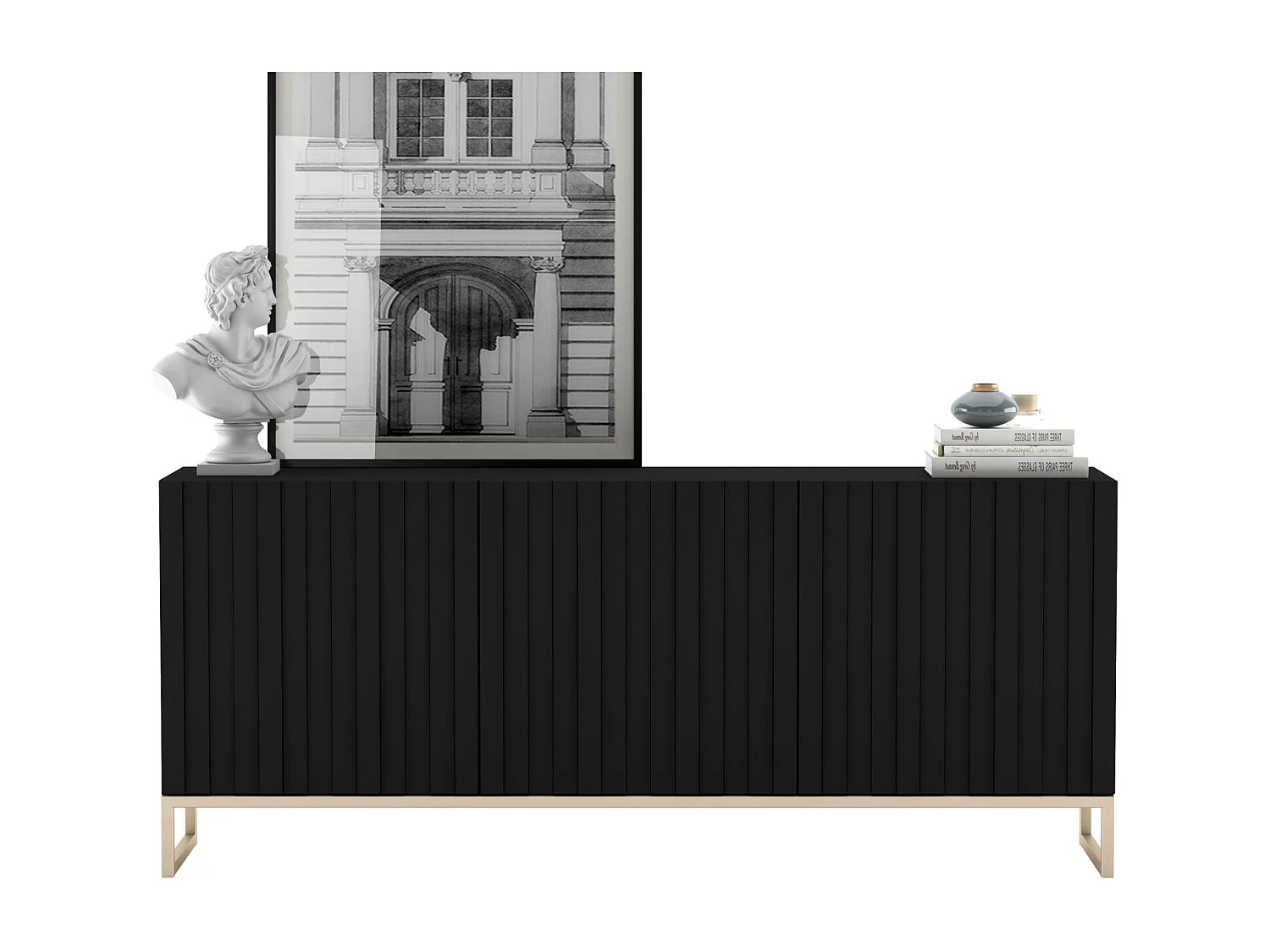 Commode avec 3 portes - Corps Noir mat, façades rainurées Noir mat - 168 cm, cadre en métal