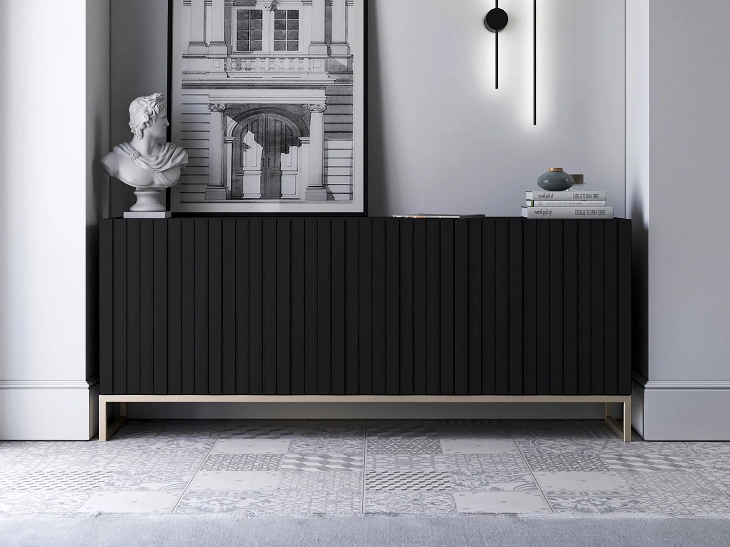Commode avec 3 portes - Corps Noir mat, façades rainurées Noir mat - 168 cm, cadre en métal