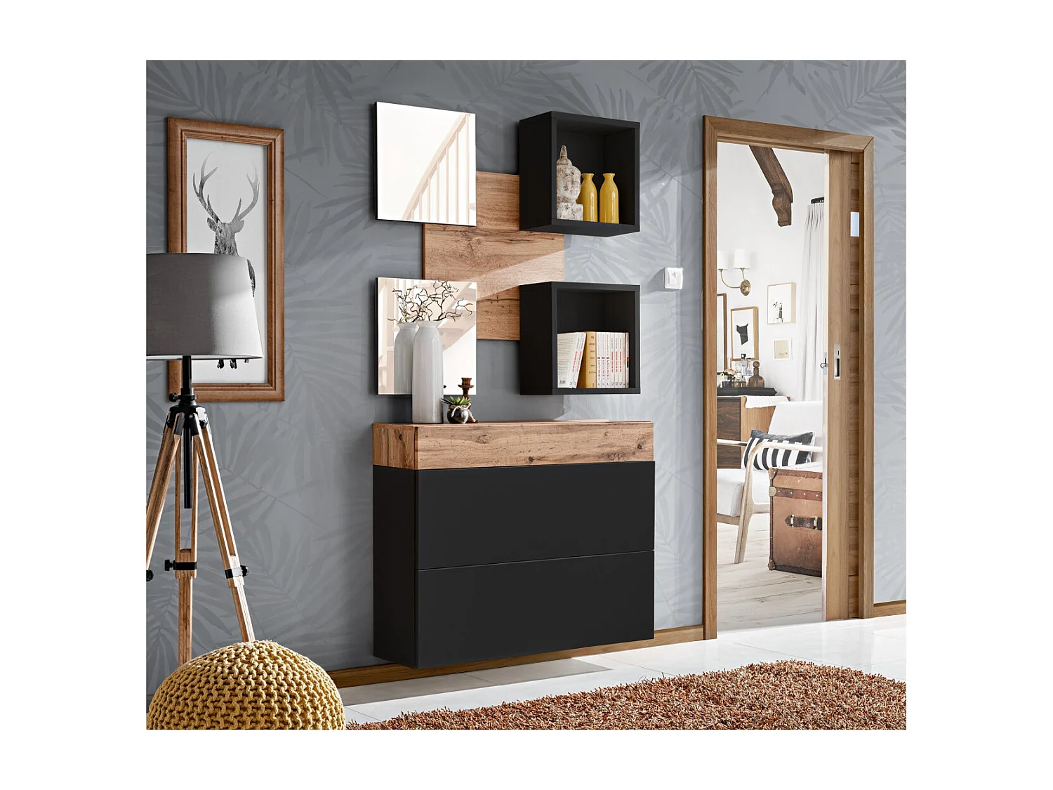 Lustro do przedpokoju EASY czarne/dąb wotan