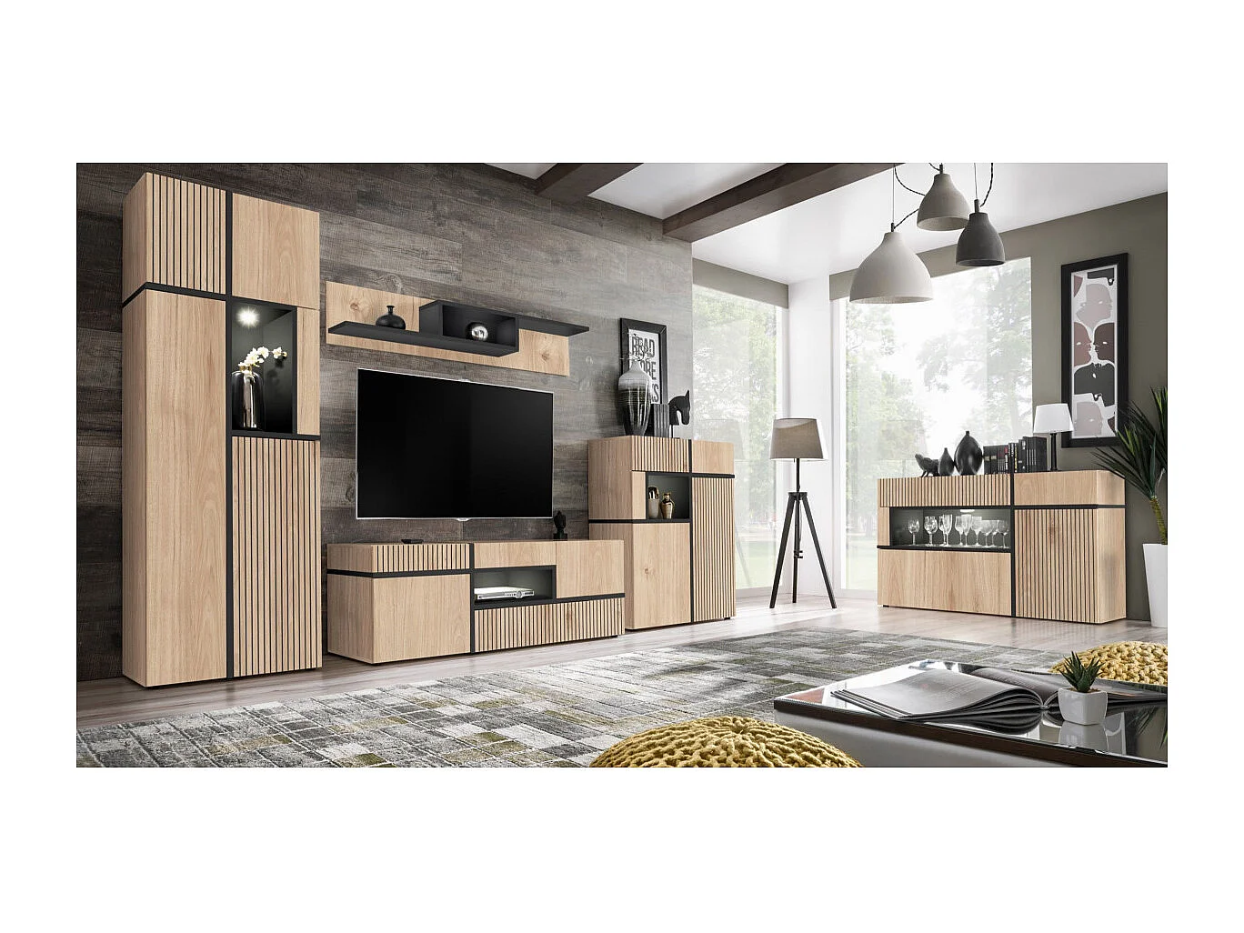 Meuble TV Design LED "Cross" 150cm Naturel