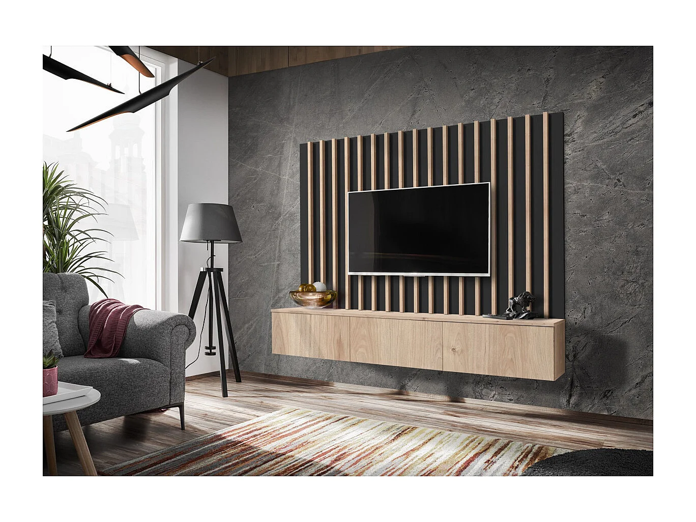 Szafka RTV VERTI 180 hickory jackson + panel ścienny