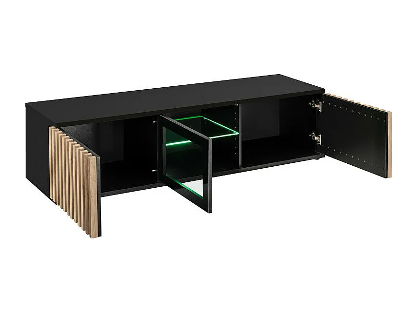 Meuble TV avec vitre en verre "Cameron" - Noir/Beige - L 160 x H 42 x P 45 cm