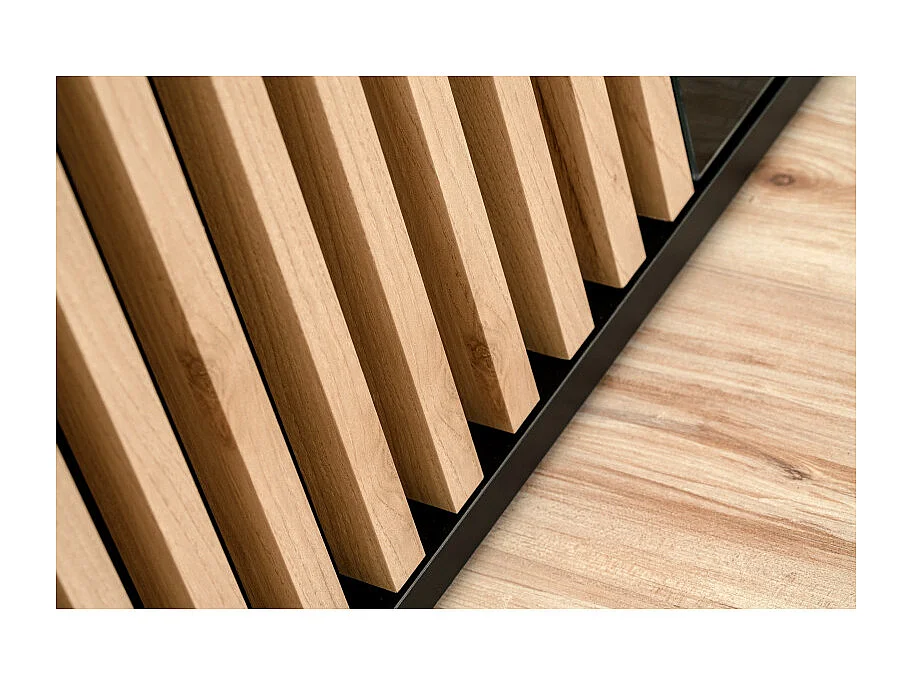 Meuble TV avec vitre en verre "Cameron" - Noir/Beige - L 160 x H 42 x P 45 cm