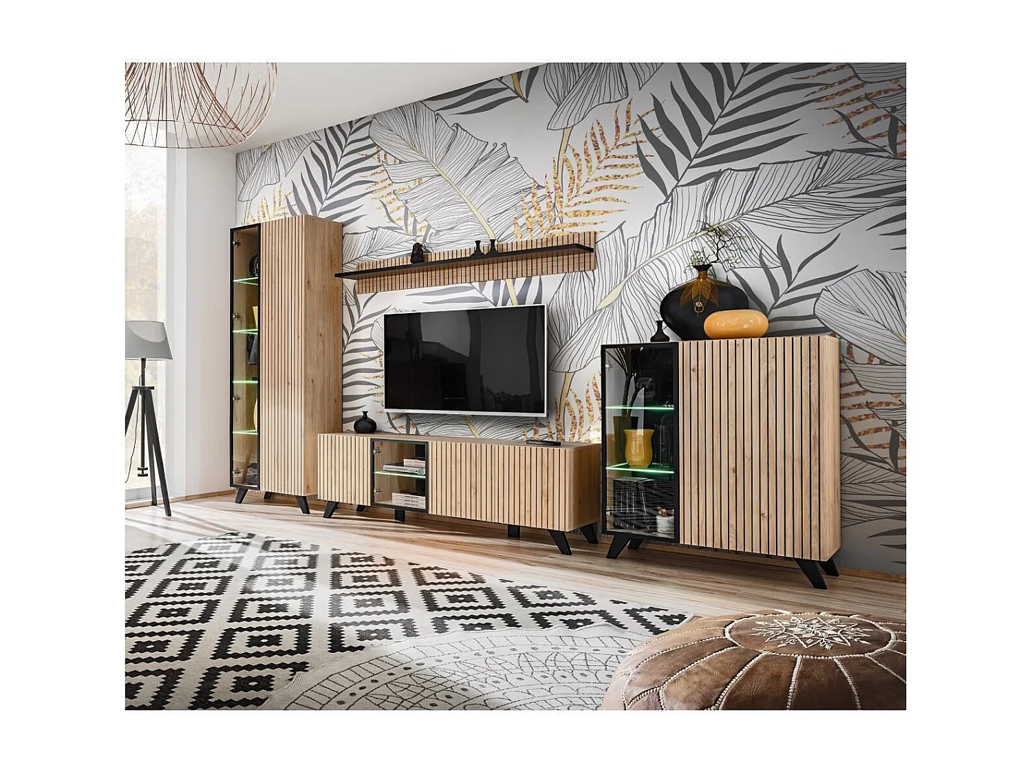 Meuble TV  Design "Liam" 160cm Naturel & Noir