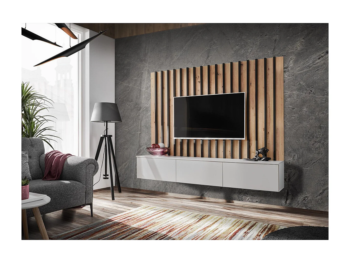 Szafka RTV VERTI 180 perla gray + panel ścienny