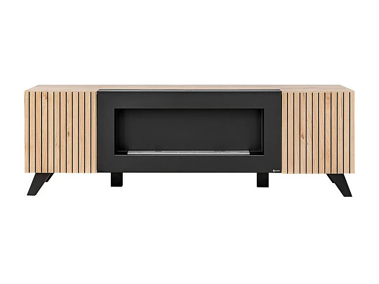 Meuble TV avec cheminée artificielle "Liam" en bois - Beige/noir - L 160 x H 52 x P 45 cm