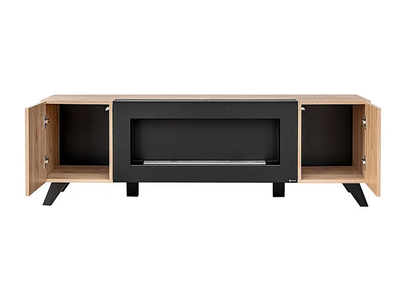 Meuble TV avec cheminée artificielle "Liam" en bois - Beige/noir - L 160 x H 52 x P 45 cm