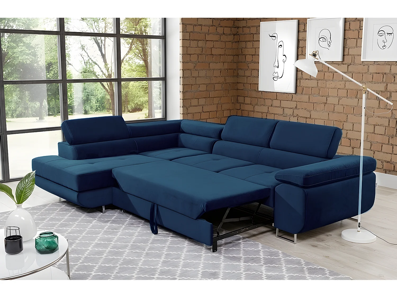 Canapé d'angle convertible en tissu luxe 5 places, avec coffre, bleu foncé, angle gauche (vu de face), ANNECY KRONO