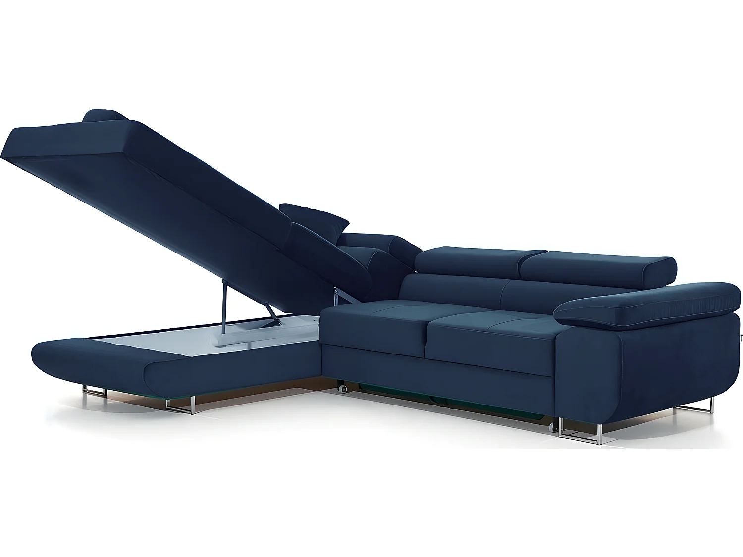 Canapé d'angle convertible en tissu luxe 5 places, avec coffre, bleu foncé, angle gauche (vu de face), ANNECY KRONO