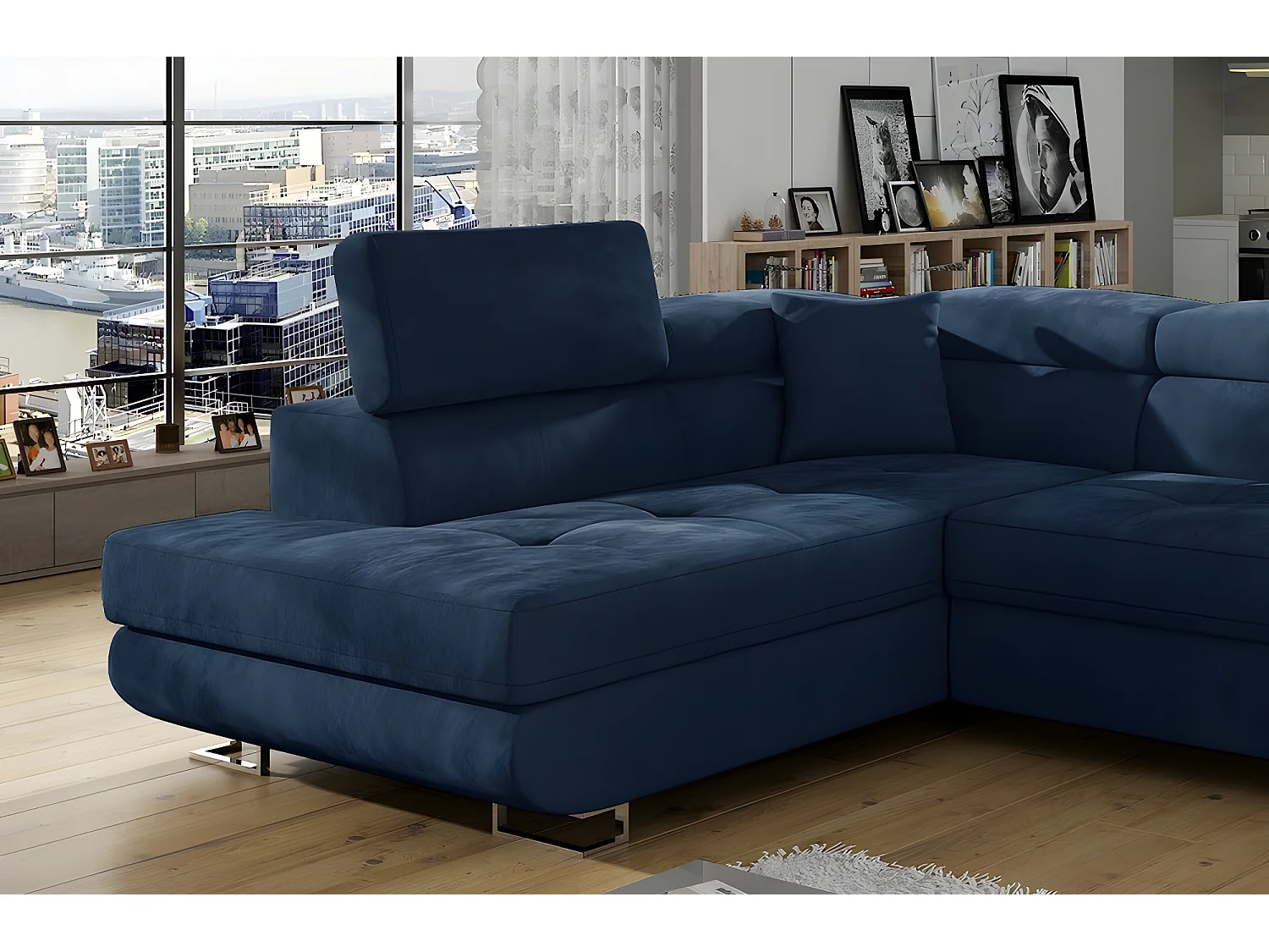 Canapé d'angle convertible en tissu luxe 5 places, avec coffre, bleu foncé, angle gauche (vu de face), ANNECY KRONO