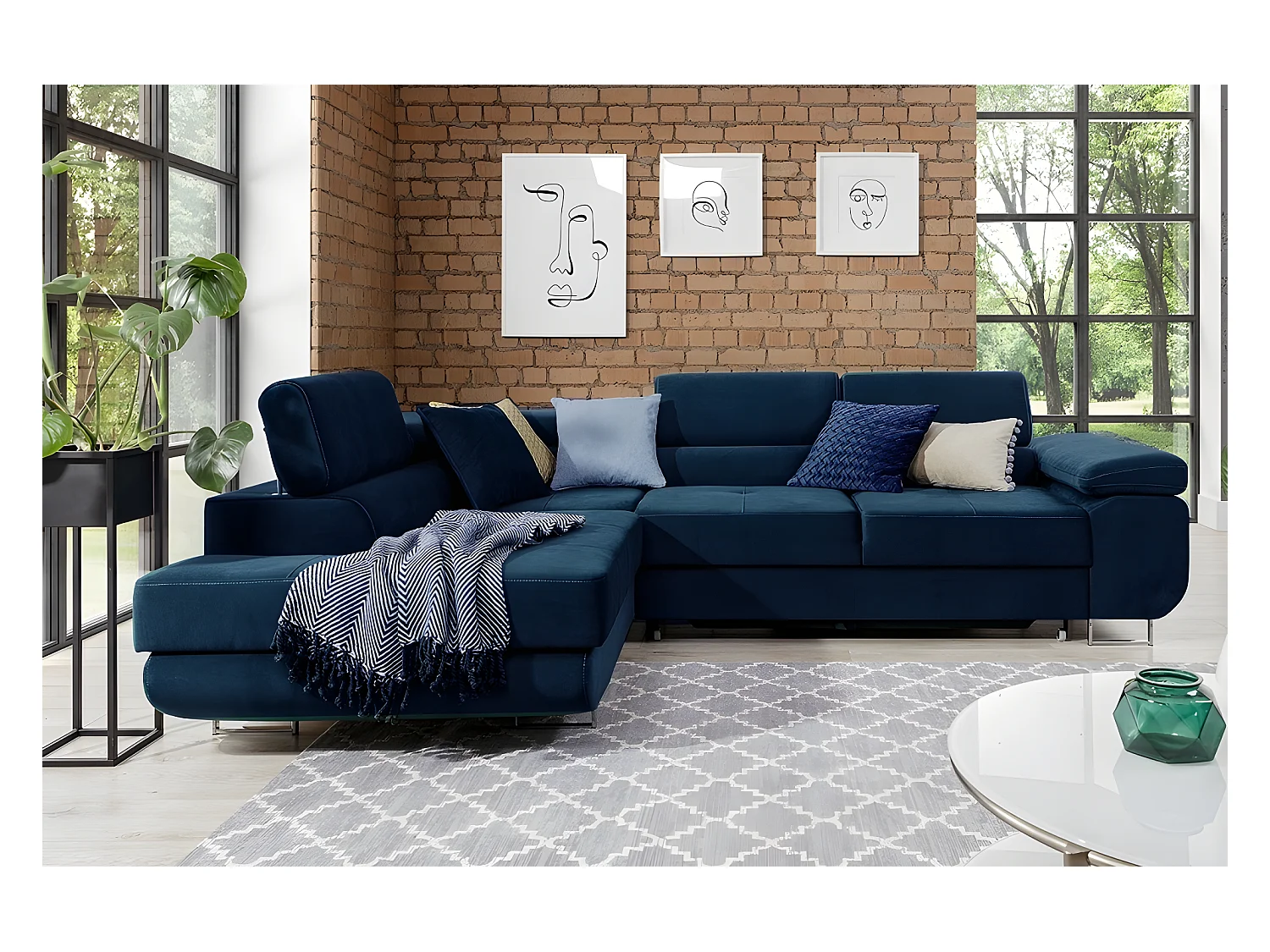 Canapé d'angle convertible en tissu luxe 5 places, avec coffre, bleu foncé, angle gauche (vu de face), ANNECY KRONO