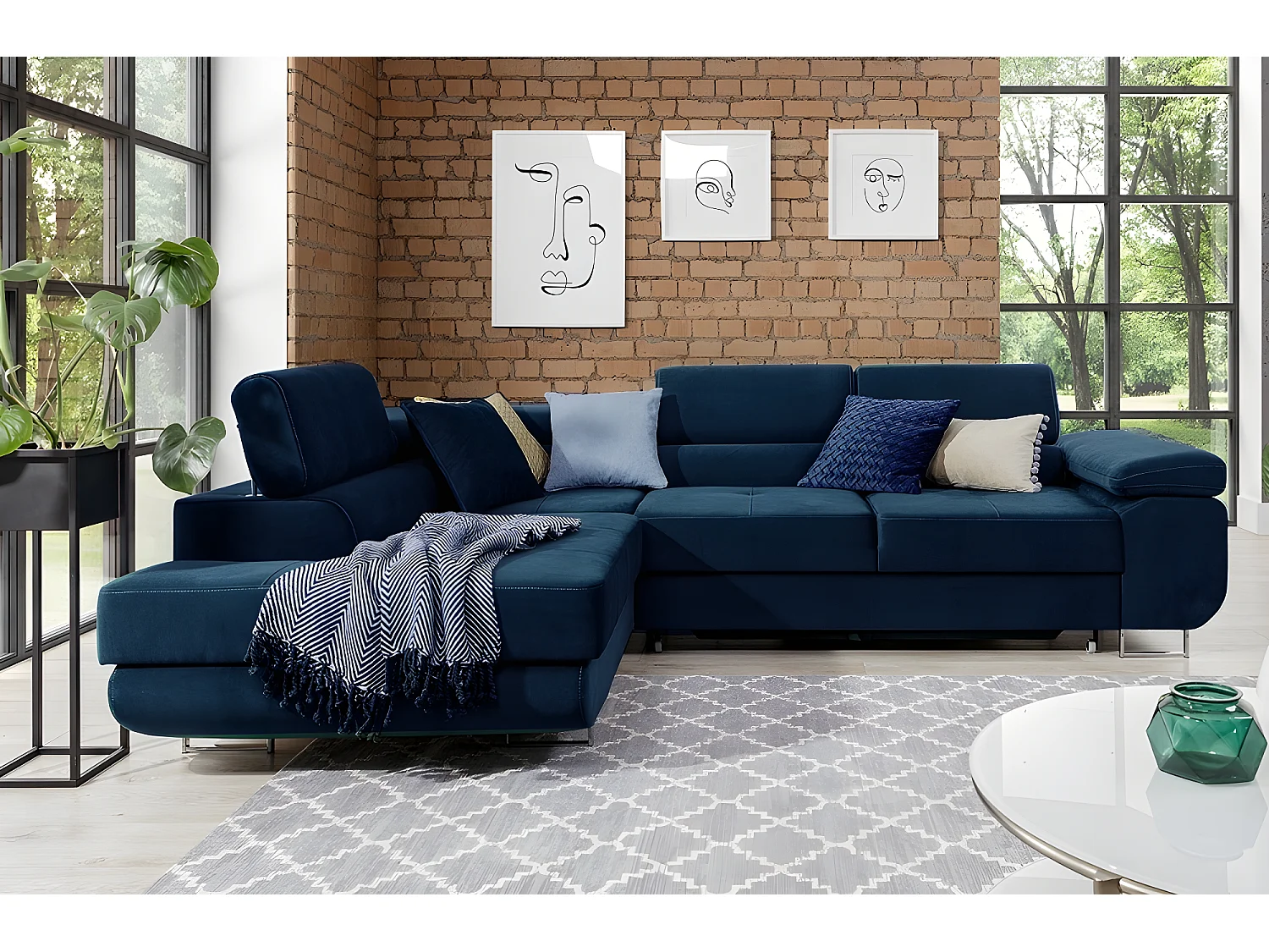 Canapé d'angle convertible en tissu luxe 5 places, avec coffre, bleu foncé, angle gauche (vu de face), ANNECY KRONO