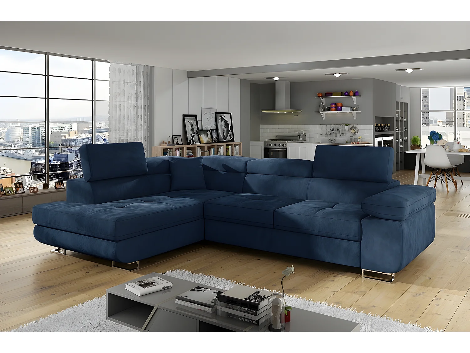 Canapé d'angle convertible en tissu luxe 5 places, avec coffre, bleu foncé, angle gauche (vu de face), ANNECY KRONO