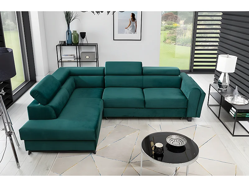 Canapé d'angle convertible - KARL VELOURS - en tissu prestige - 5 places, vert, angle gauche (vu de face)