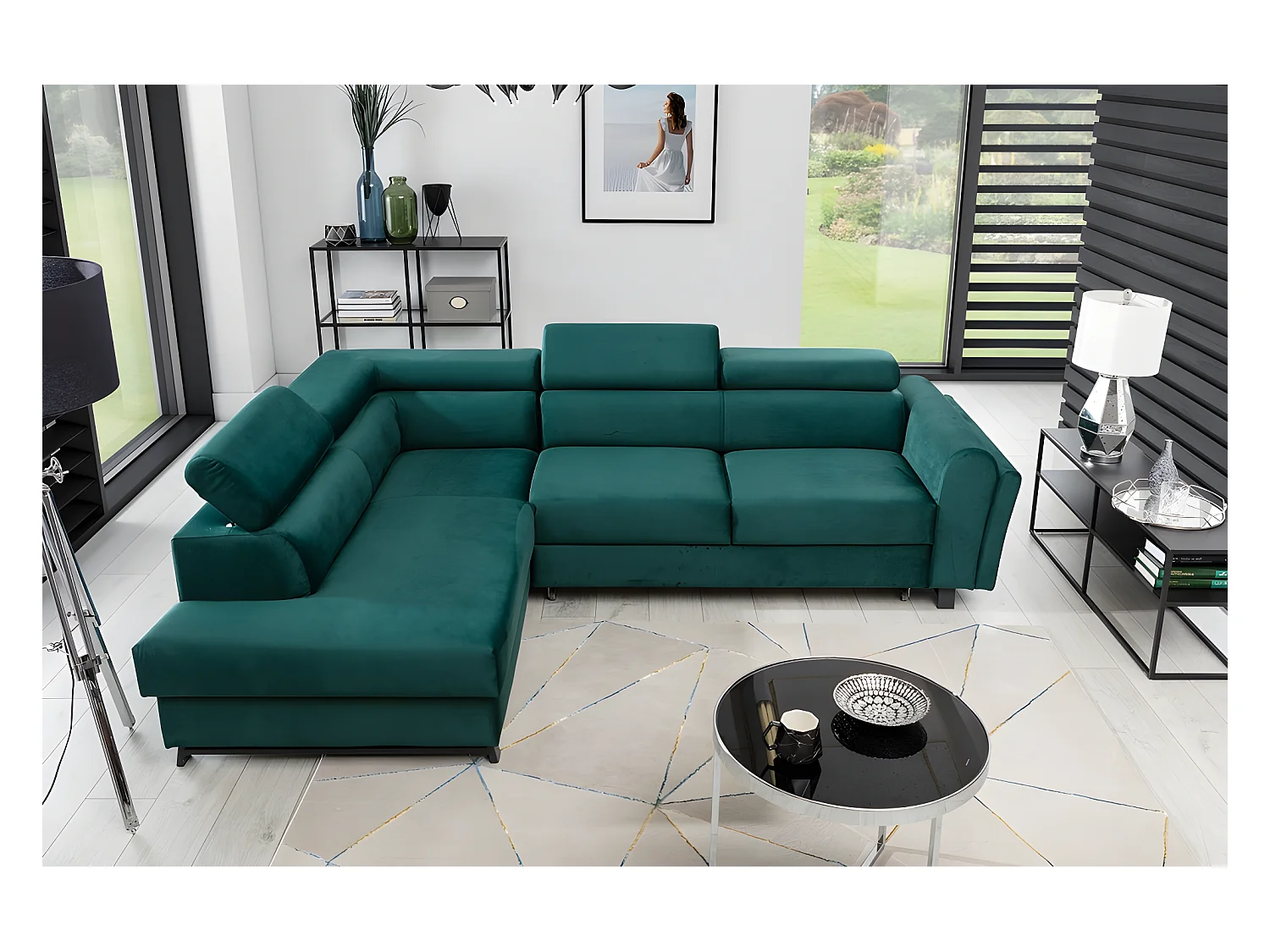 Canapé d'angle convertible - KARL VELOURS - en tissu prestige - 5 places, vert, angle gauche (vu de face)