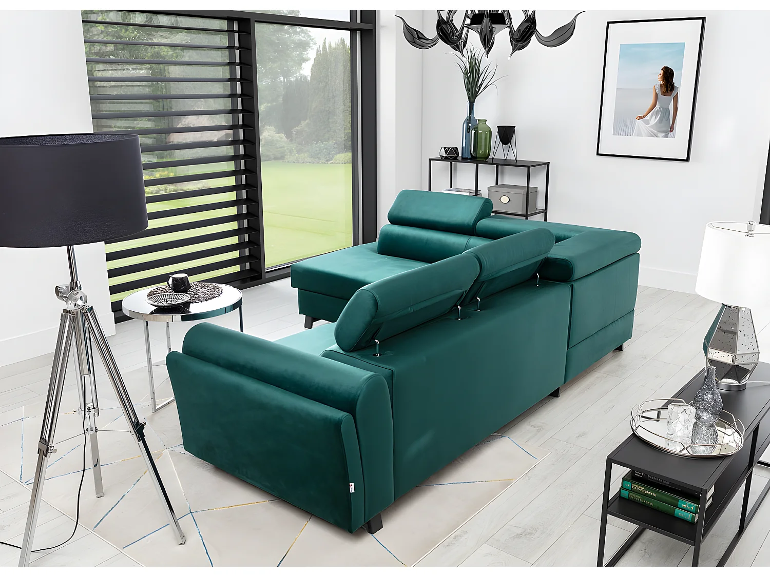 Canapé d'angle convertible - KARL VELOURS - en tissu prestige - 5 places, vert, angle gauche (vu de face)