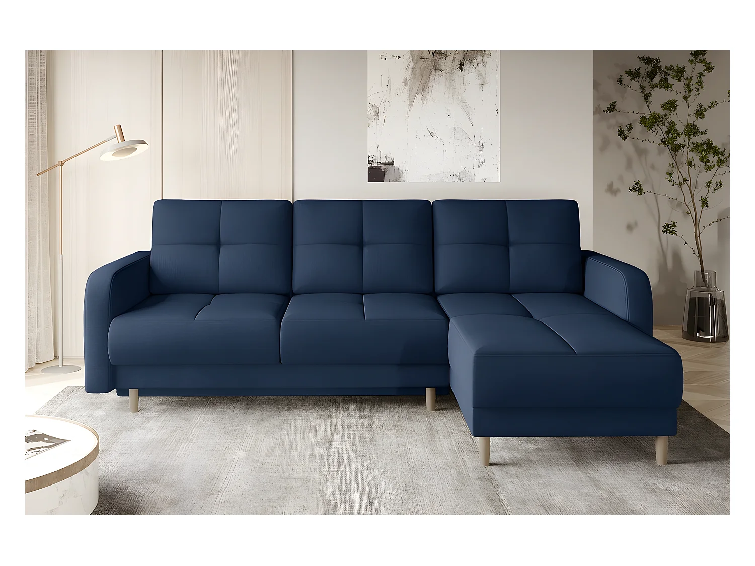 Canapé d'angle convertible en tissu velours luxe, rangement - bleu foncé, angle droit (vu de face), ROXANE VELOURS