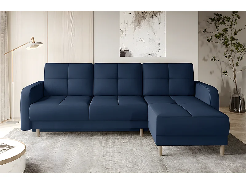 Canapé d'angle convertible en tissu velours luxe, rangement - bleu foncé, angle droit (vu de face), ROXANE VELOURS