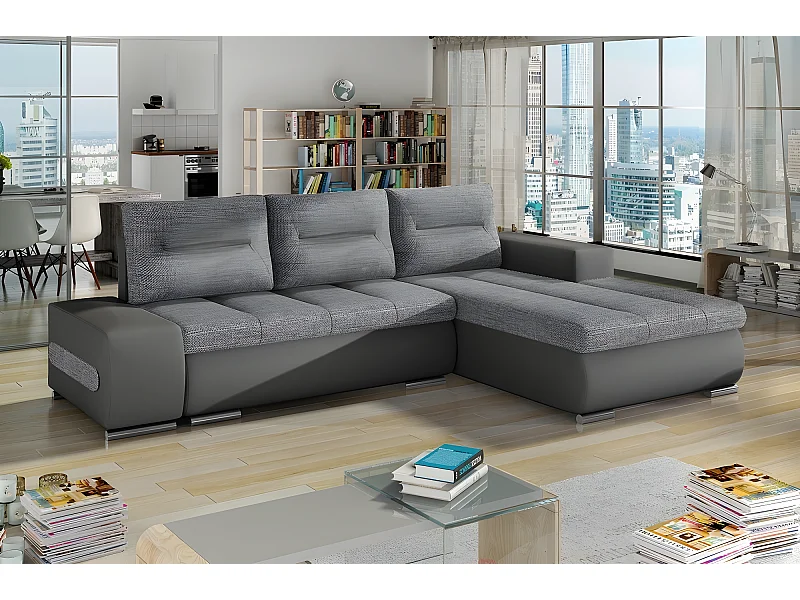 Canapé d'angle convertible en tissu luxe gris et simili cuir gris, 5 places, angle droit (vu de face) - OTELLO