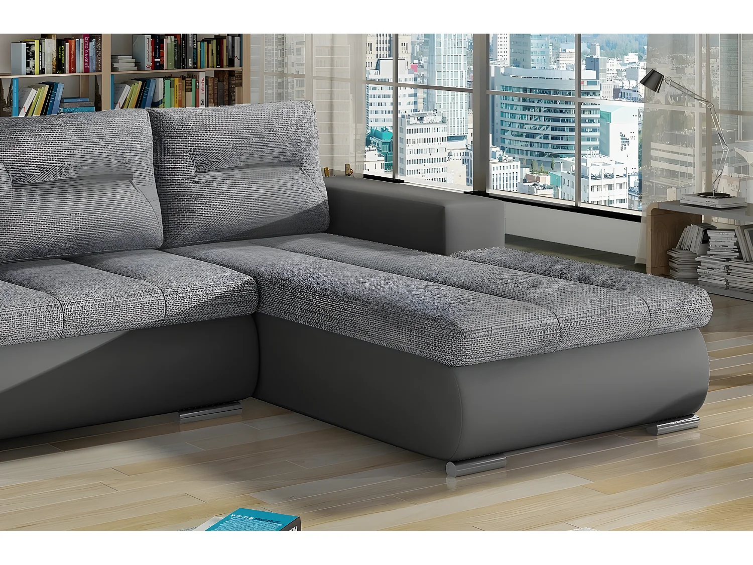 Canapé d'angle convertible en tissu luxe gris et simili cuir gris, 5 places, angle droit (vu de face) - OTELLO