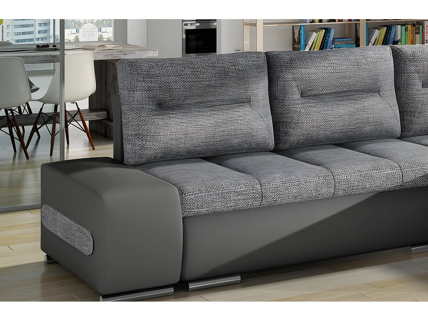Canapé d'angle convertible en tissu luxe gris et simili cuir gris, 5 places, angle droit (vu de face) - OTELLO