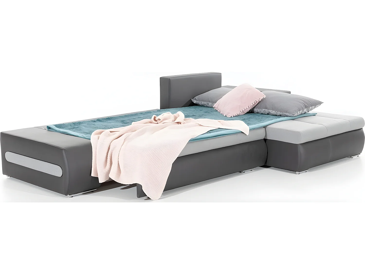 Canapé d'angle convertible en tissu luxe gris et simili cuir gris, 5 places, angle droit (vu de face) - OTELLO