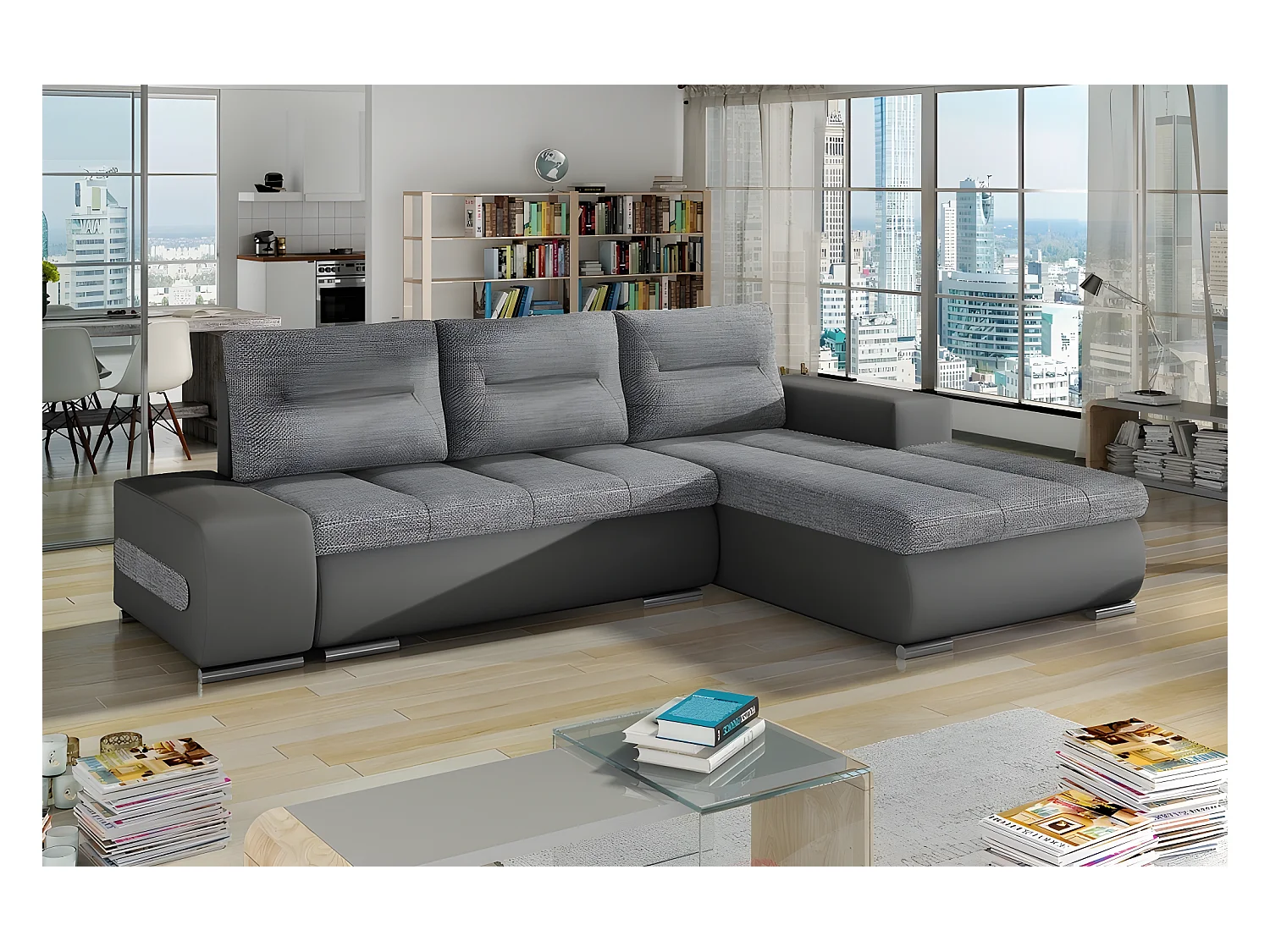 Canapé d'angle convertible en tissu luxe gris et simili cuir gris, 5 places, angle droit (vu de face) - OTELLO