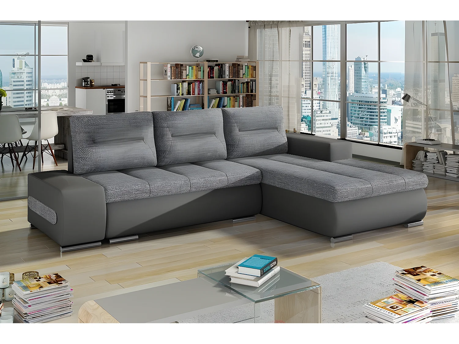 Canapé d'angle convertible en tissu luxe gris et simili cuir gris, 5 places, angle droit (vu de face) - OTELLO