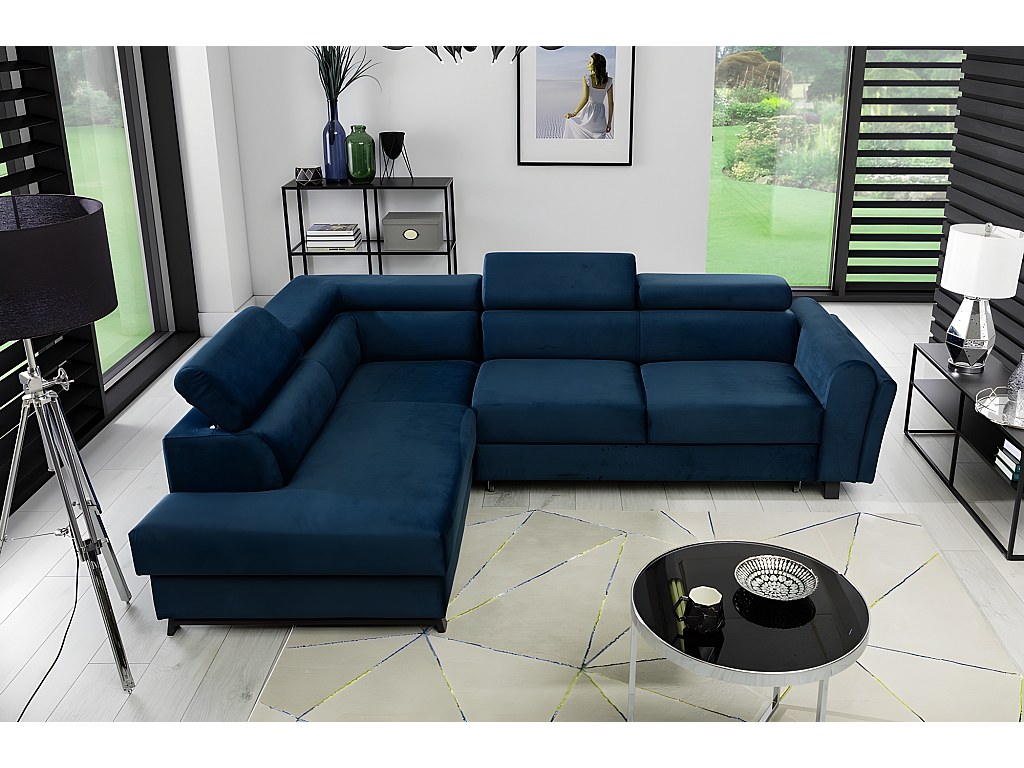 Canapé d'angle convertible - KARL VELOURS - en tissu prestige bleu - 5 ...